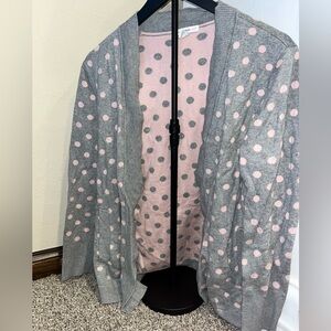 Isaac Mizrahi Grey and Pink Polka-Dot Jacquard Long-Sleeve Cardigan Sweater M